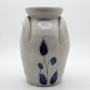 Williamsburg Pottery Vase Crock Vintage Cobalt Blue Leaf Bud Salt Glaze 5" Tall